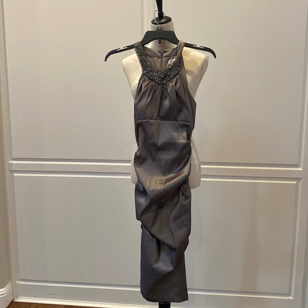Cache dress. Stunning on. The color is almost pewter, with bling up around neck